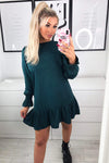 Teal Long Sleeve Frill Shift Dress