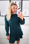 Teal Long Sleeve Frill Shift Dress