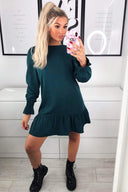 Teal Long Sleeve Frill Shift Dress