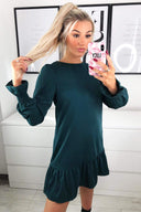 Teal Long Sleeve Frill Shift Dress