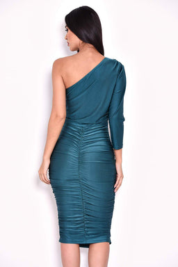 Teal One Sleeve Slinky Midi Dress