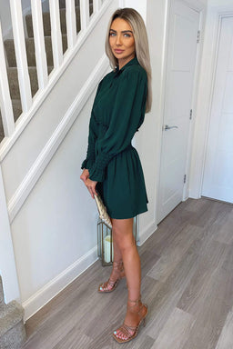 Teal Shirred Waist Long Sleeve Shirt Dress