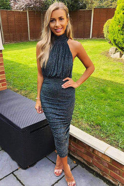 Teal Sparkle High Neck Ruched Midi Dress