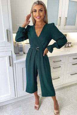 Teal Wrap Over Elasticated Cuff Belted Jumpsuit