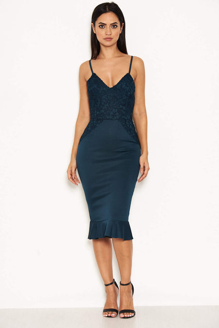 Teal Crochet Detail Frill Midi Dress