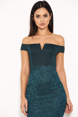 Teal Notch Front Lace Detail Midi Dress