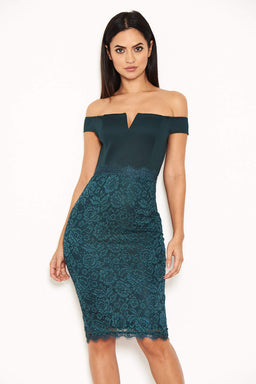 Teal Notch Front Lace Detail Midi Dress