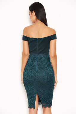 Teal Notch Front Lace Detail Midi Dress