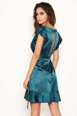 Teal Satin Wrap Over Open Back Dress