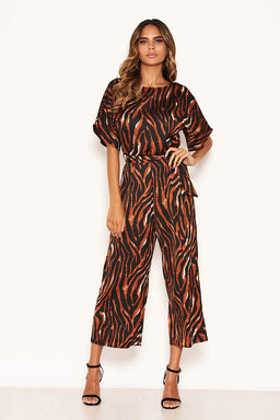 Tiger Print Belted Culotte Jumpsuit