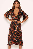 Tiger Print Wrap Dress With Frill Hem And Sleeves