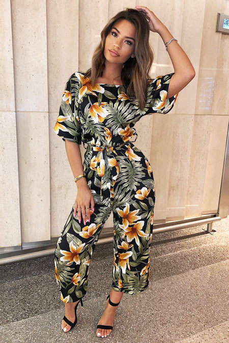 Tropical Print Belted Jumpsuit