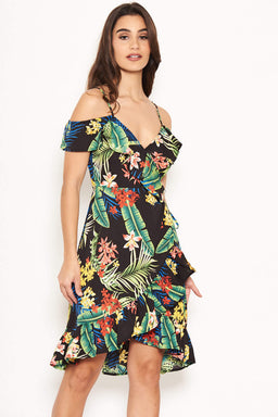 Tropical Strappy Frill Wrap Dress
