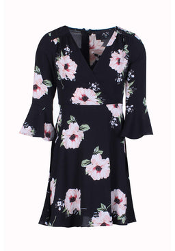 V Neck Floral Dress with Bell Sleeves