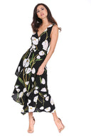 Black Floral V-Neck Wrap Over Dress