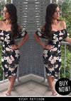 Black Bardot Floral Bodycon Dress