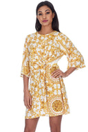 White And Gold Patterned Shift Dress With Flared Sleeves