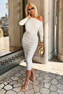 White Boat Neck Dress With Ruched Detail
