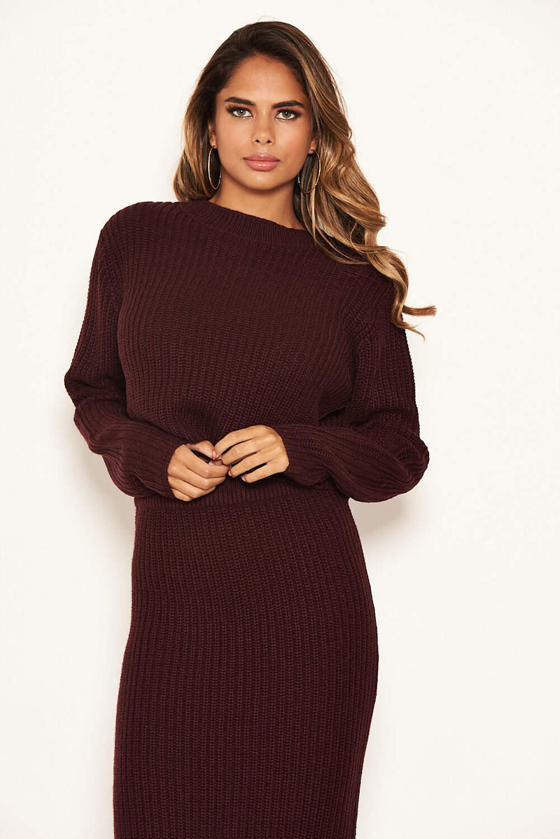 Wine Cropped Knitted Jumper