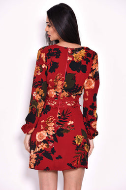 Wine Floral Crochet Waist Dress