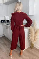 Wine Frill Front Long Sleeve Jumpsuit