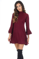 Wine High Neck A-line Dress With Flared Cuffs