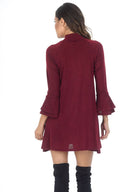 Wine High Neck A-line Dress With Flared Cuffs