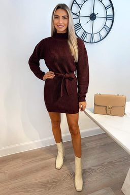 Wine High Neck Belted Knitted Jumper Dress