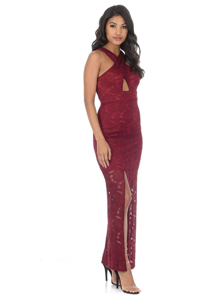 Wine Lace Maxi Dress With A Thigh High Split