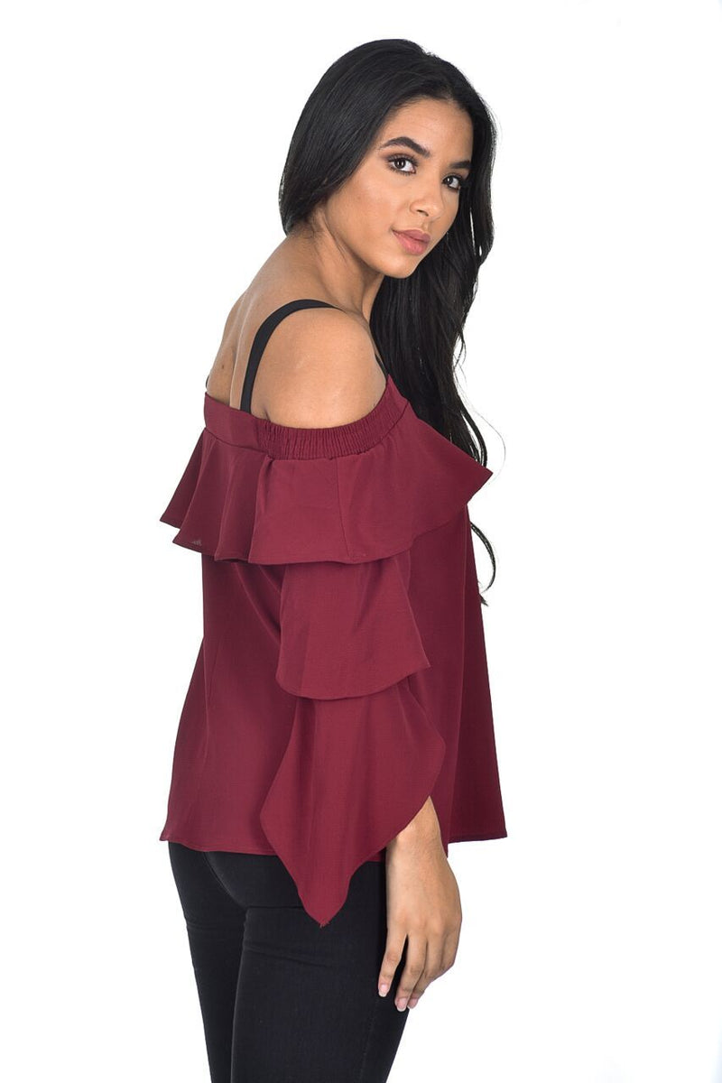 Wine Off The Shoulder Frill Top