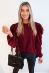 Wine Puff Sleeve Loose Fit Top