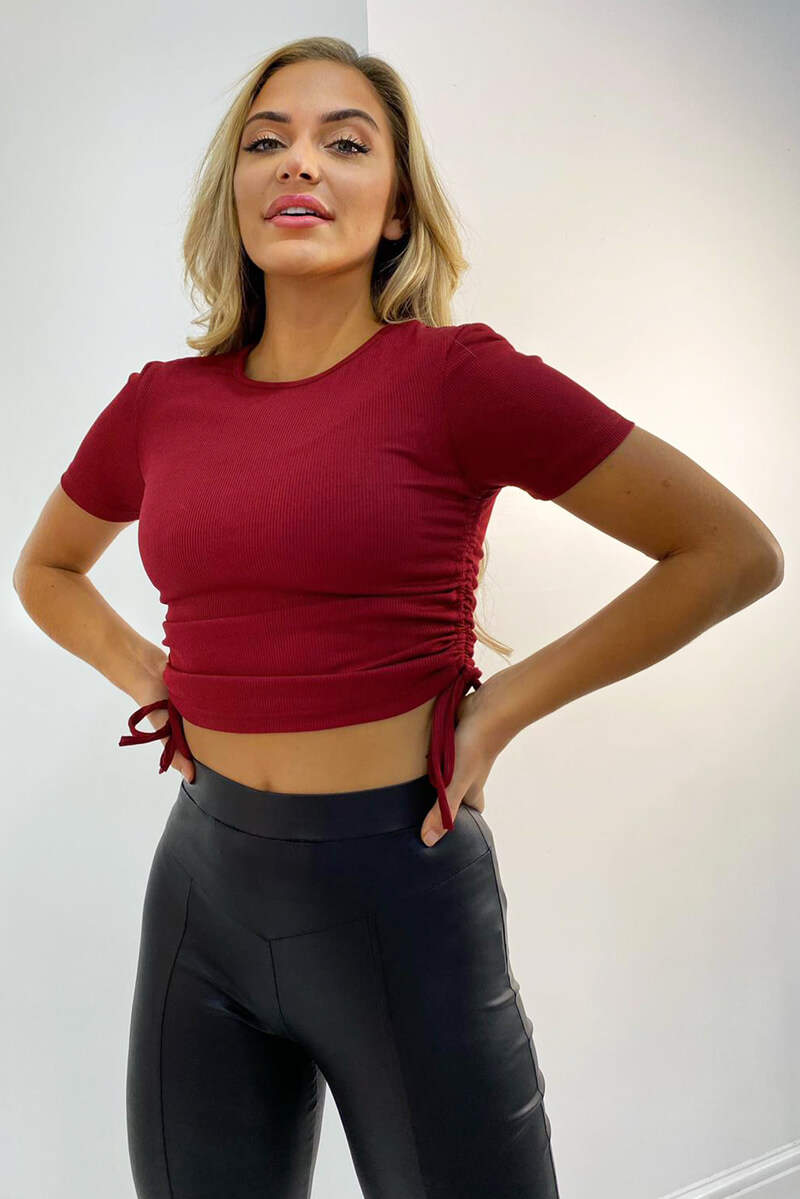 Wine Ribbed Ruched Side Crop Top