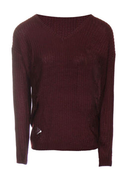 Wine V Neck Cable Knit Laddered Jumper