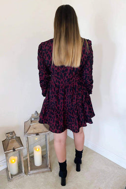 Wine Printed Ruched Sleeve Swing Dress