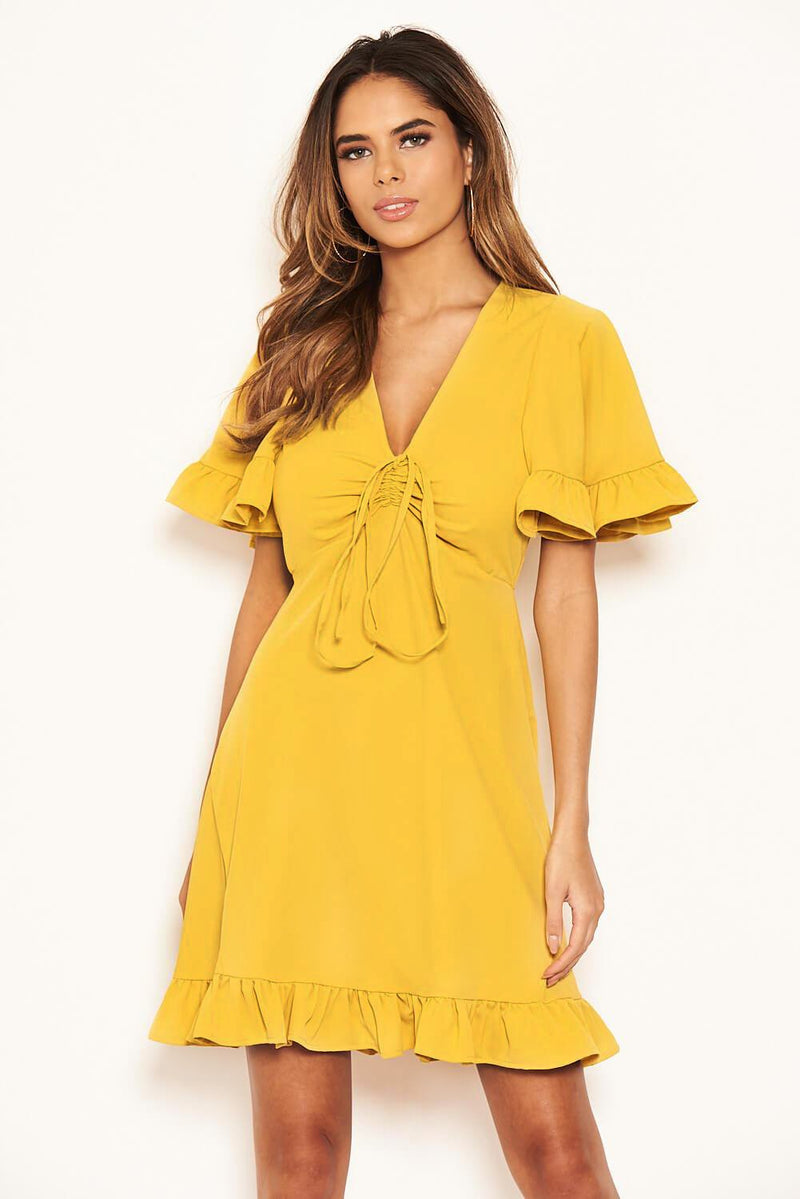 Yellow Ruched Front Frill Swing Dress