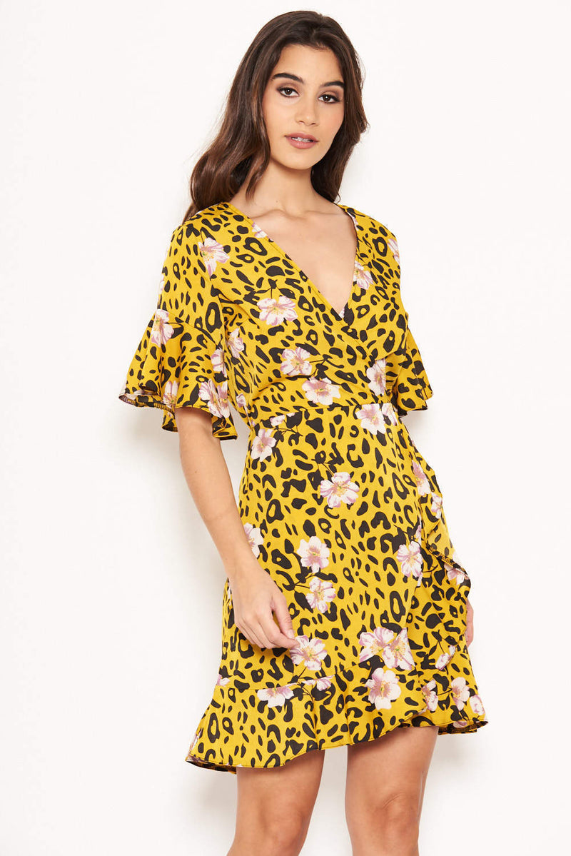 Yellow Animal Print Dress With Floral Detail