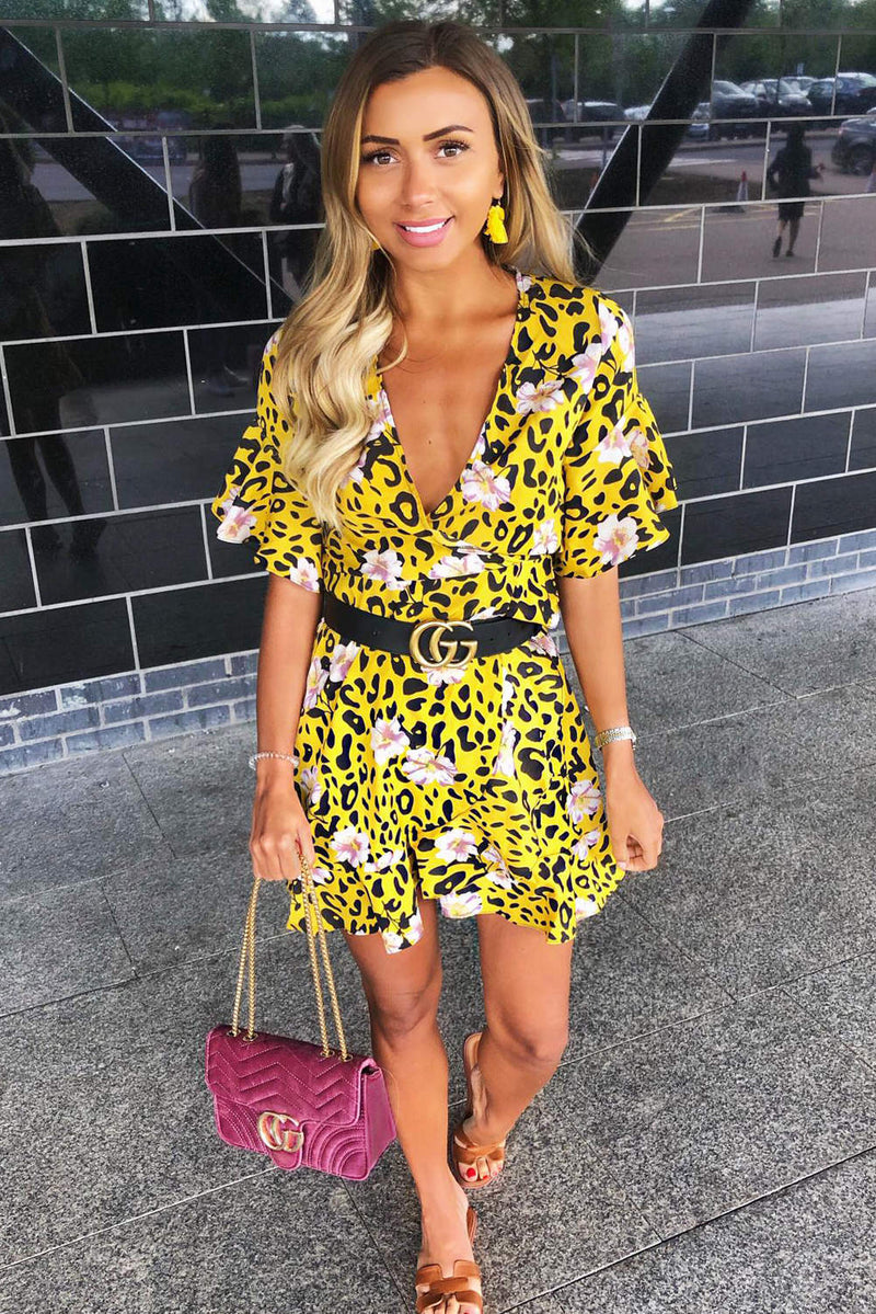 Yellow Animal Print Dress With Floral Detail