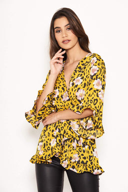 Yellow Animal Print Wrap Top