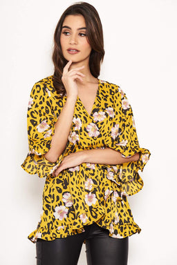 Yellow Animal Print Wrap Top