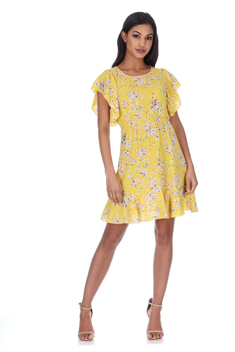 Yellow Floral Frill Detail Mini Dress