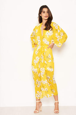 Yellow Floral Kimono Sleeve Maxi Dress