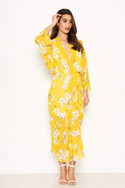 Yellow Floral Kimono Sleeve Maxi Dress