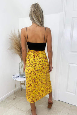 Yellow Floral Printed Split Leg Midi Skirt