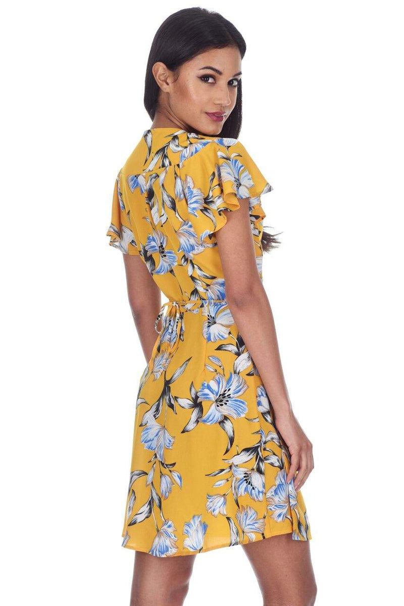Yellow Floral Wrap Dress With Ruffled Sleeves
