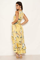 Yellow Frilled Floral Midi Dress with Side Slip