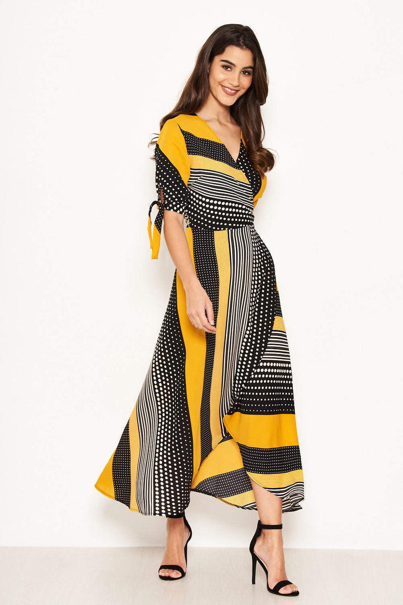 Yellow Multi Print Wrap Maxi Dress