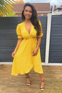 Yellow Polka Dot Wrap Midi Dress
