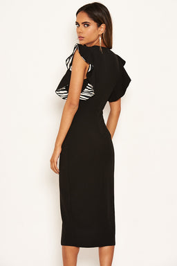 Black Zebra Frill Sleeve Midi Dress