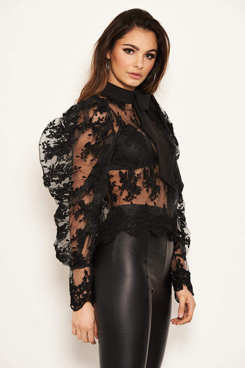 Black Embroidered Puff Sleeve Tie Neck Top