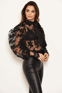 Black Embroidered Puff Sleeve Tie Neck Top